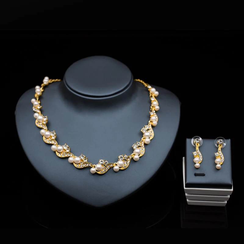 Wedding font b accessories b font bride jewelry set dubai jewelry gold color simulated pearl necklace
