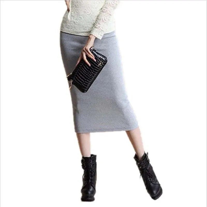 

2016 Winter Skirts Sexy Chic Pencil Skirts Wool Rib Knit Long Elastic Waist Skirt Package Hip Split Midi Skirt Maxi Vintage