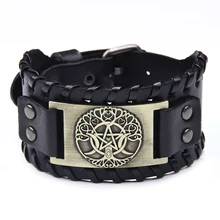 Copper Star Moon Life Tree Charm Braided Wide Genuine Leather Men Bracelet with Adjustable Metal Buckle