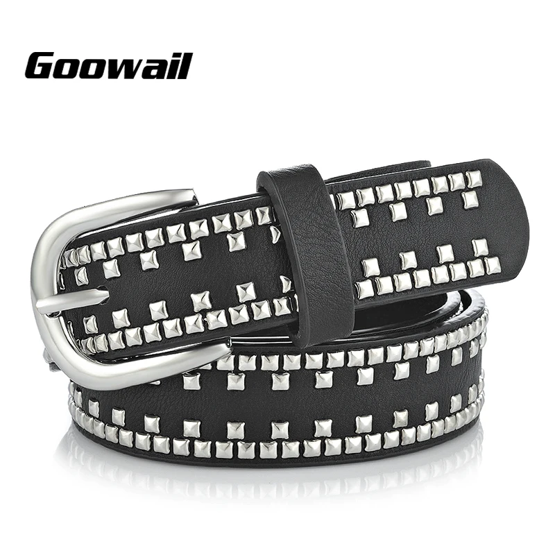 

Goowail 2017 fashion High quality women black Punk style pu leather Metal Rivet Belt For Female Male Vintage Belts