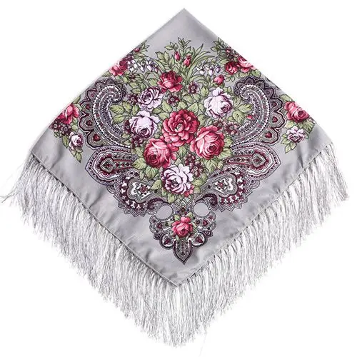 Women Tassel Square Scarf Shawl Lady Printed Floral Short Tassel Headband Retro Cape Wrap Scarves 90*90cm - Цвет: ASH12