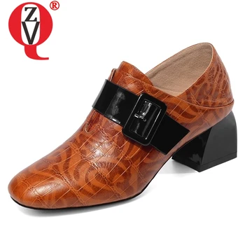 

ZVQ shoes women 2019 spring new fashion high quality genuine leather women pumps 5 cm square heel buckle square toe work shoes