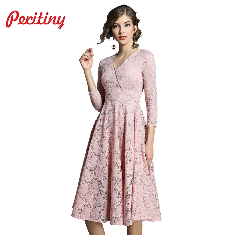 

Peritiny Sexy V Neck Dress Women Office Lady Long Sleeve Dresses Party New Year Vintage vestidos Pink Yellow Khaki robe dentelle