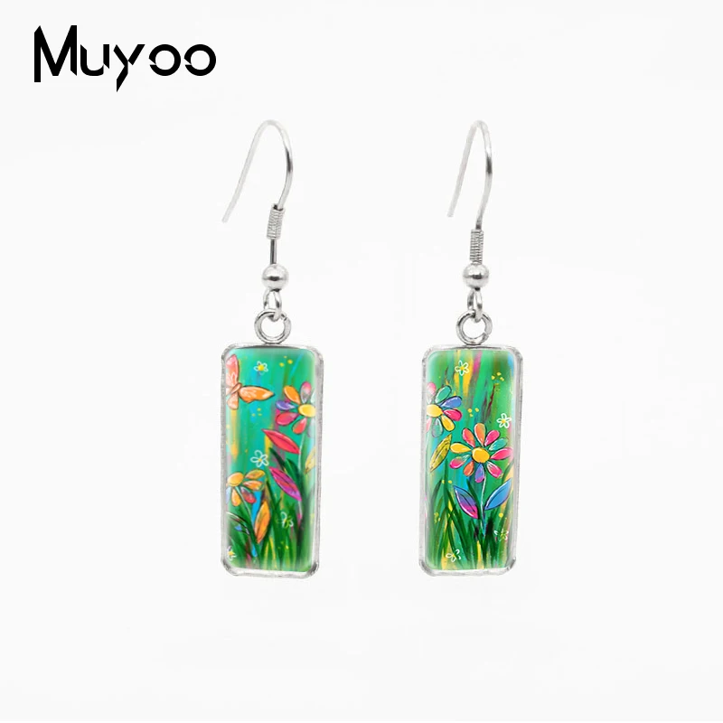 Originale Pittura Papaveri Daffodil Tulipano Margherita Fiori Di Arte Modello Quadrato Pendenti Con Gemme E Perle Di Vetro Cabochon Gioielli Orecchini