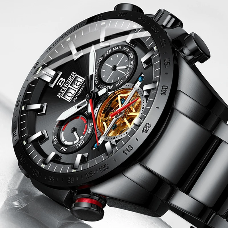 Швейцарские мужские механические часы Бингер, модные спортивные светящиеся водонепроницаемые автоматические часы с турбийоном для бега
