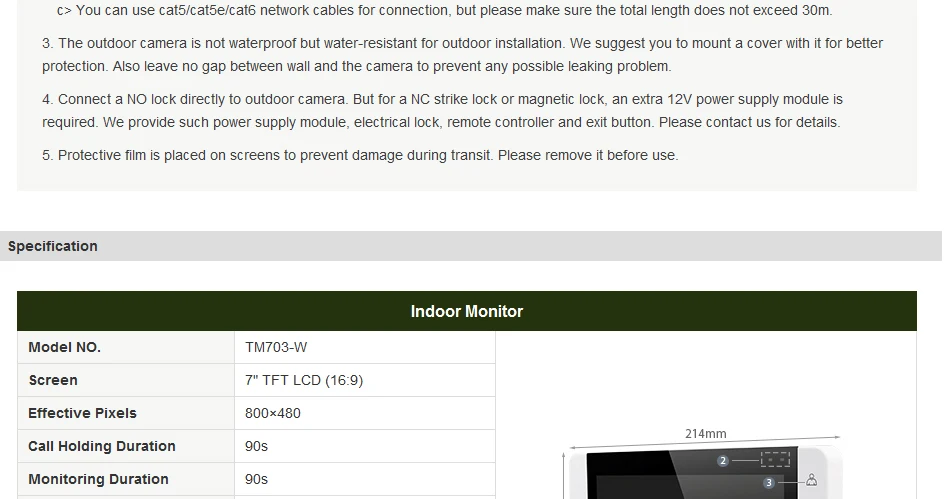 HOMSECUR 7 "проводной телефон видео домофон Системы + монитор для Apartme: L3: TC011-B Камера (черный) + TM703-W монитор (белый) + замок