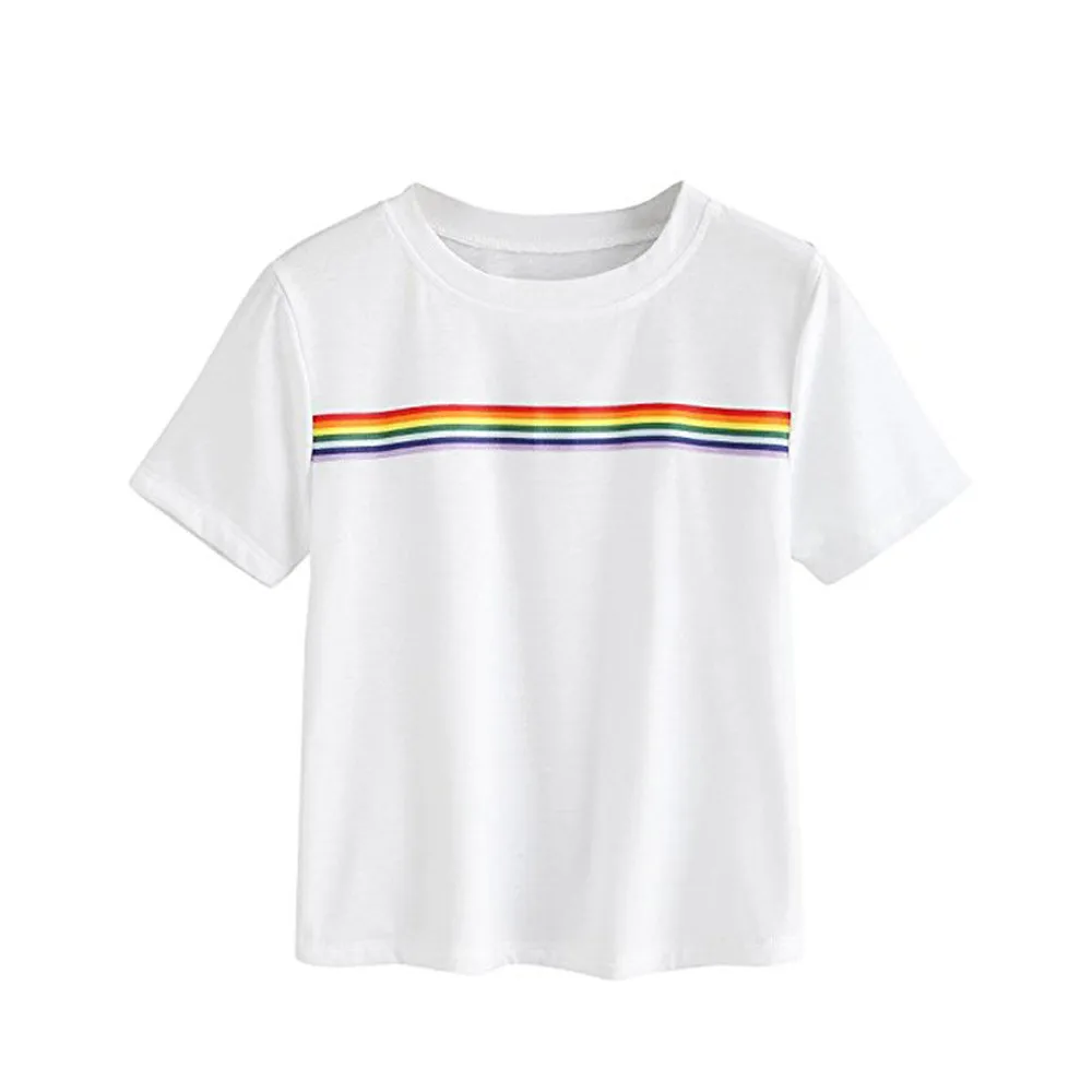 

T-shirts Women Summer Casual Slim Fit O-Neck Flared Rainbow Block Striped Top School Girl Teen T shirts Women'sNEW