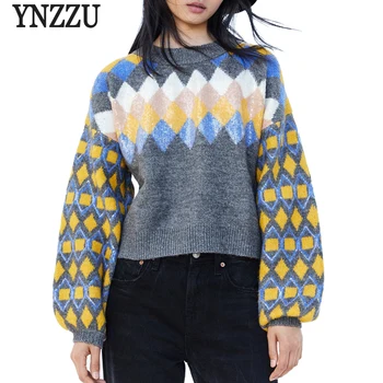 

YNZZU Argyle Hit Color Sweater Women 2018 Autumn Winter Fashion O Neck Loose Knitted Warm Pullovers Jumper Streetwear YT492