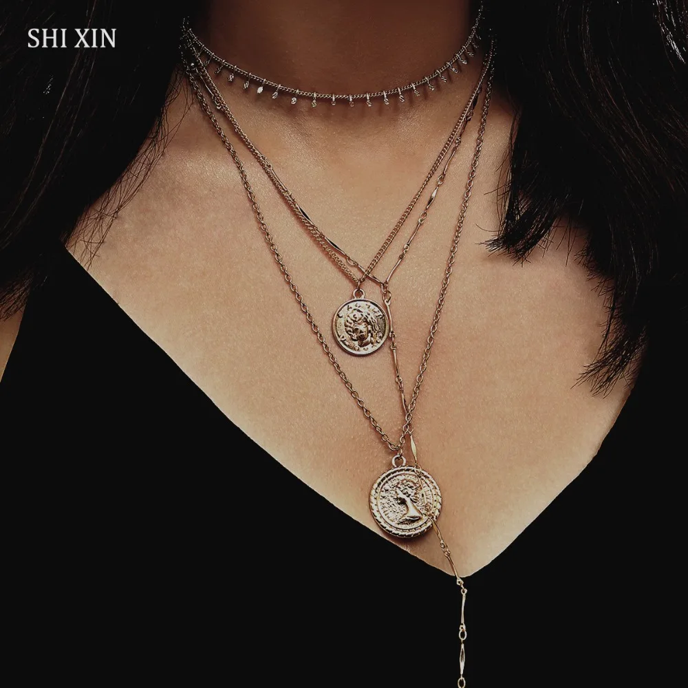 

SHIXIN Boho Long Multi Layered Alexander Queen Portrait Coin Pendants Choker Necklace for Women Fashion Statement Jewelry Female