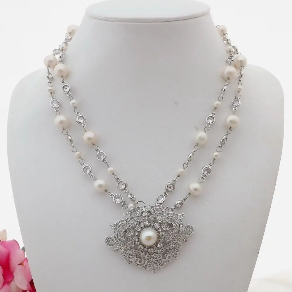GE083011 18" 2Strands White Pearl White Crystal Chain Necklace CZ Pave Pendantin Chain