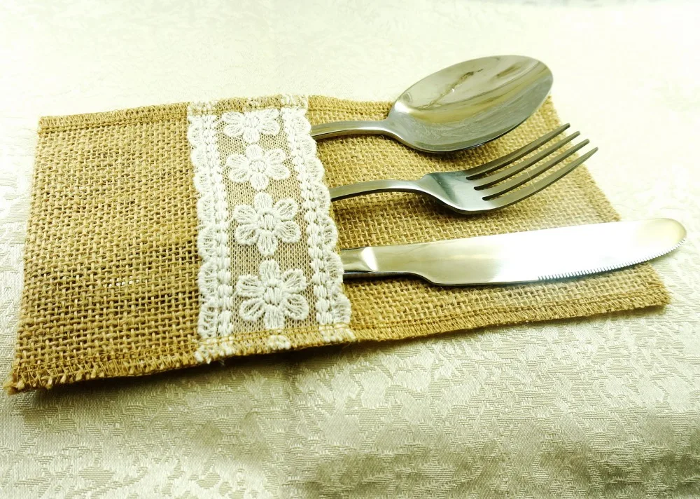 cutlery bag from linen 11*22cm cutlery holder lace flower wedding