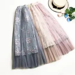 Сезон: весна–лето уличная Тюлевая юбка длинные цветочные юбка вышивка макси юбка Юп роковой Saia Longa плиссированные бохо-юбка