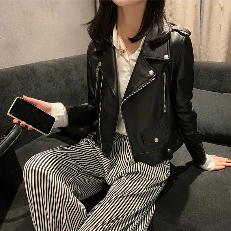 

female spring Outerwear Autumn Ladies Short Slim Genuine Leather Jacket 2019 New Fashion Leather Jacket Women Jaqueta De Couro