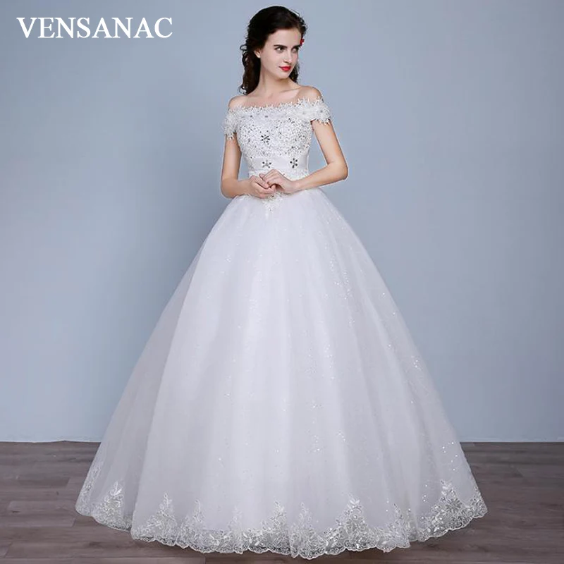 

VENSANAC Crystal Flowers Boat Neck 2018 Lace Appliques Ball Gown Wedding Dresses Sequined Short Sleeve Bridal Dress