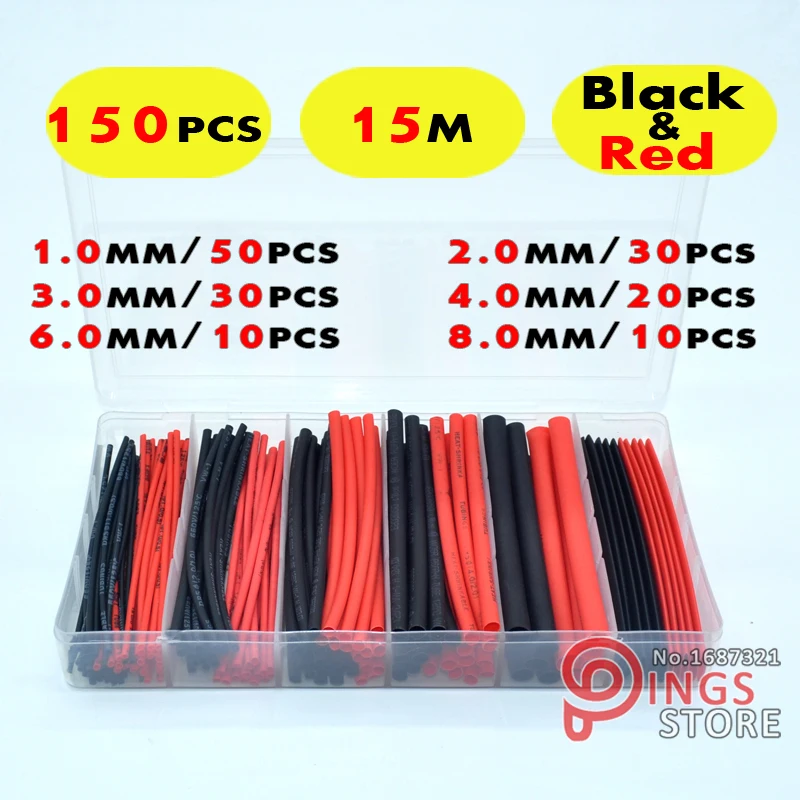 150 PCS 21 Black&Red Polyolefin Heat Shrink Tubing Tube Sleeving Wrap