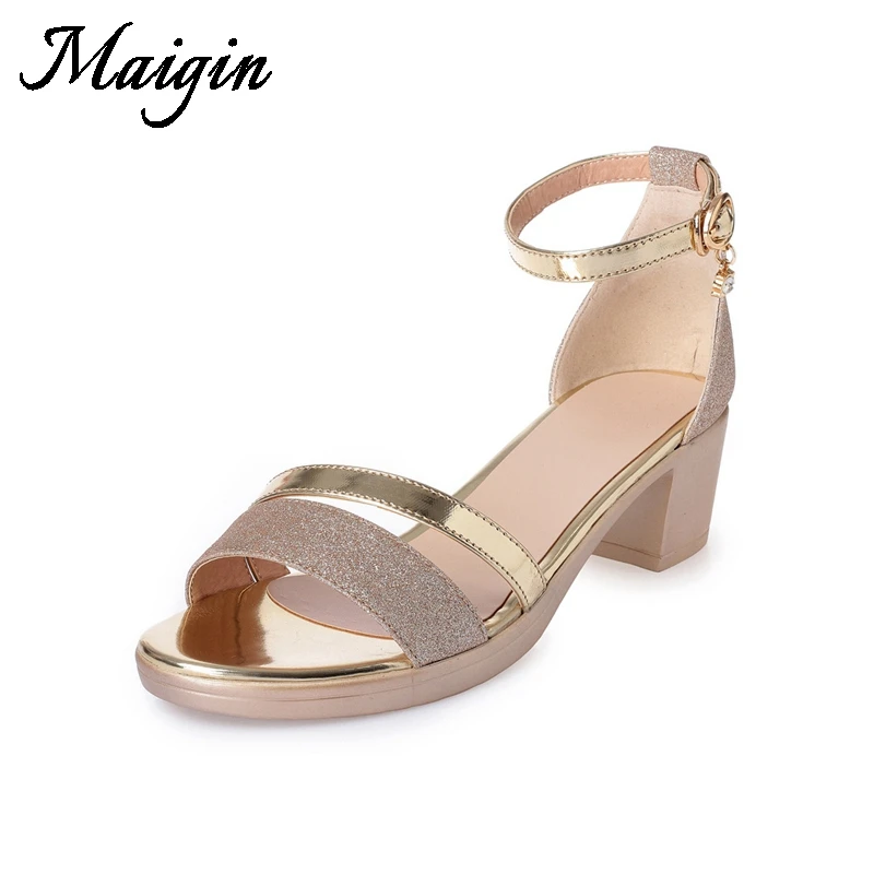 Maigin Silver&Gold Sandals Women 2018 New Genuine Leather Summer Sandals Peep Toe Cover Heel Summer Shoes Block Heels Footwear