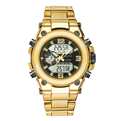 Stryve 8014 мужские спортивные часы, военные, 12/24 часов, электронные часы, кварцевые, цифровые, из нержавеющей стали, роскошные часы horloges mannen - Цвет: Золотой