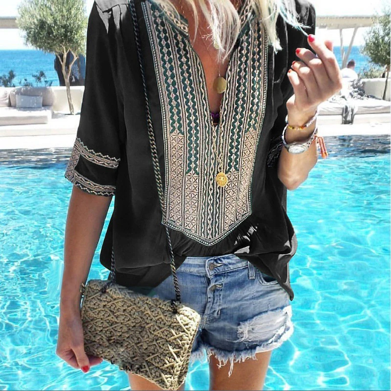 2019 Women's New Fashion Blouse Tops Beach Party Summer Loose Boho Deep V-Neck Half sleeves Print Blouse Femme Streetwear Shirt