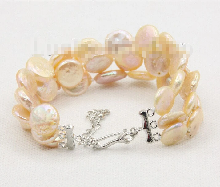 

Free shipping >>>>>>adjustable 7"-9.5" 3row 12mm coin fastener pink pearls bracelet j10031