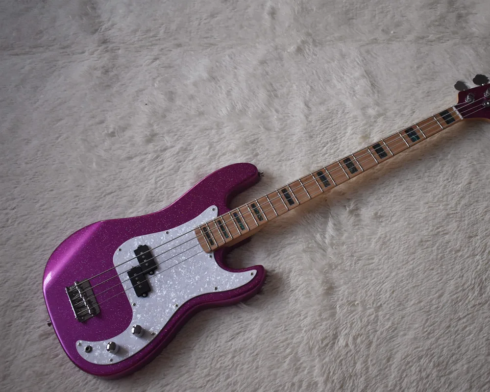 

Factory custom pink large particle silver powder 4 string electric bass, white guard, maple inlaid fingerboard, high quality, cu
