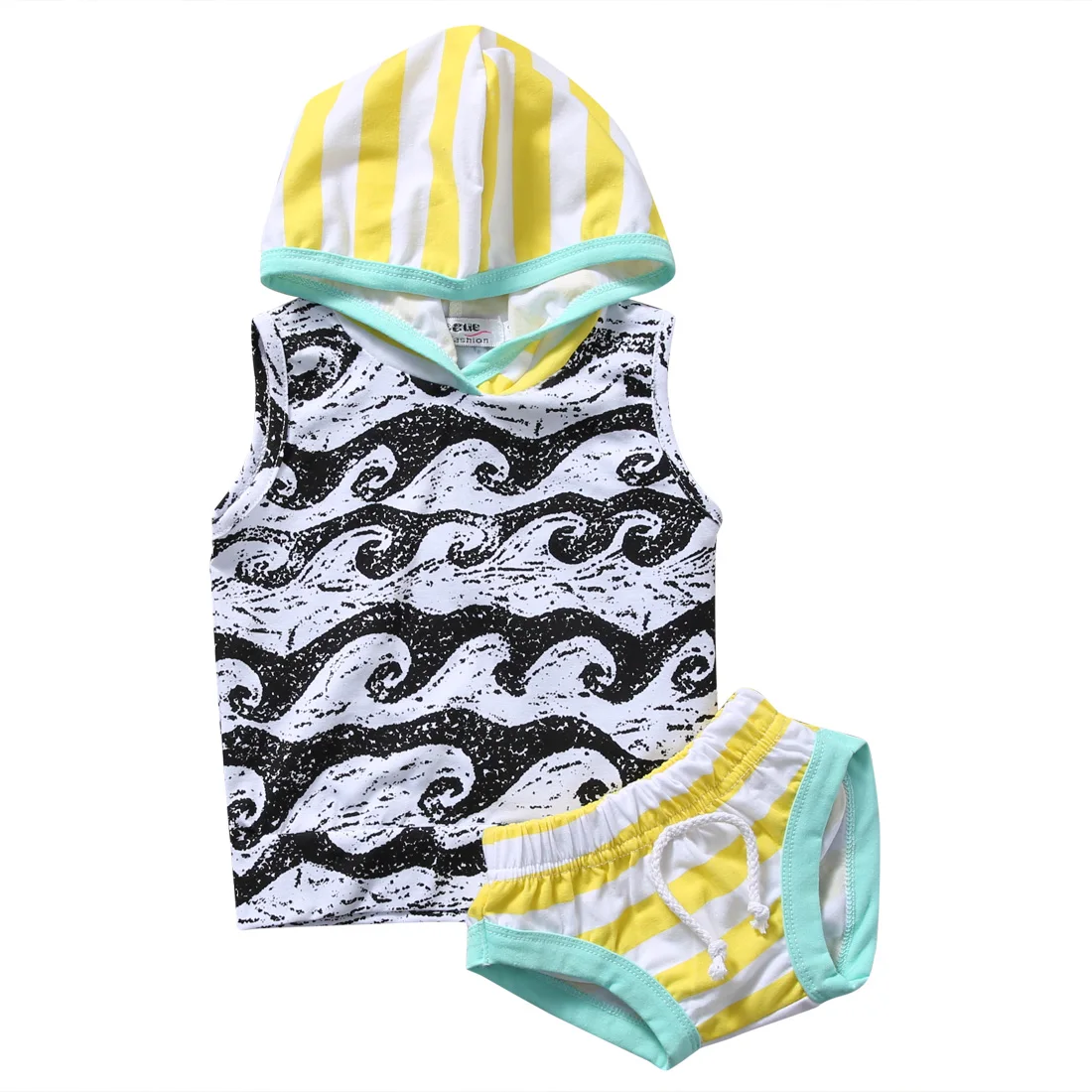 

2pcs!!Summer Newborn Baby Boys Tops Clothes Set Sleeveless Hooded Striped Vest+ Pants Shorts Outfits Sunsuit Cotton Clothes Set