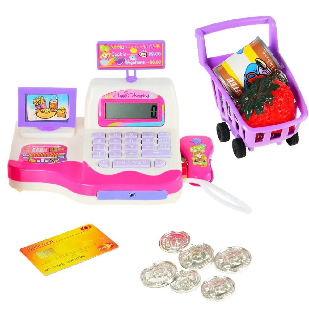 

Simulation Supermarket Cash Register with Shopping Cart Food Multi-functional Calculator Kids Girls Educational Pretend Play Toy