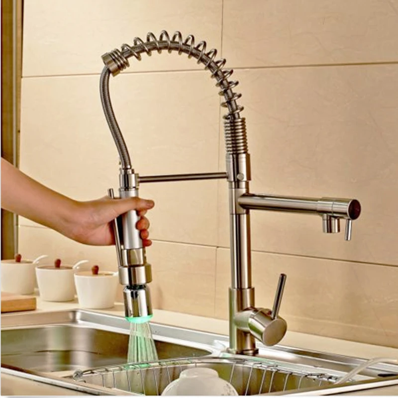 

Deck Mounted Brushed Nickle LED Color Change Kitchen Faucet Dual Spouts Mixer Tap Deck Mounted Hot And Cold Water Faucet