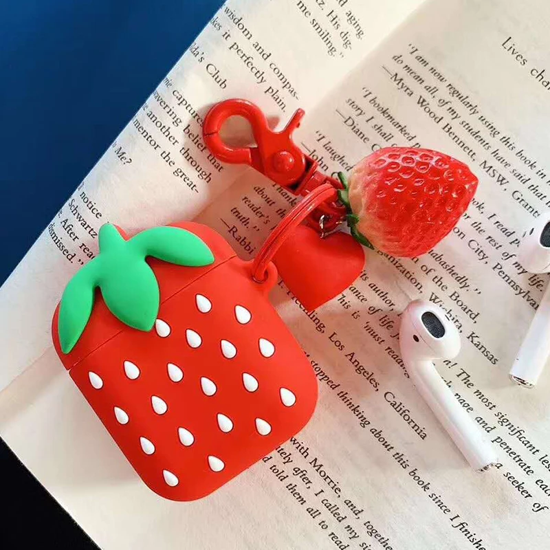 Silicone Cases For AirPods Cover 3D Cute Strawberry Earphone Case For Apple Airpods 2 Air pods 2 Protective Sleeve with Pendant