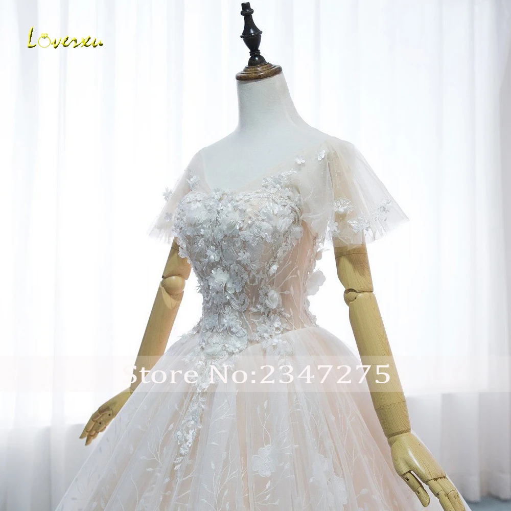 Loverxu Vestido De Noiva бальное платье с короткими рукавами, свадебное платье, эффектное с открытой спинкой и аппликацией, украшенное бисером, со шлейфом, кружевное свадебное платье