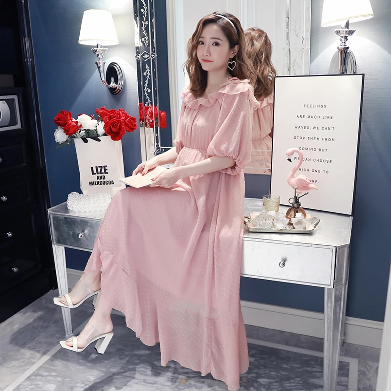 

Goaryunve 2019 Summer New Pregnant Women Chiffon Strap Off-the-shoulder Pink Dress Short Lantern Sleeve Ruffles Maxi Dress Nice
