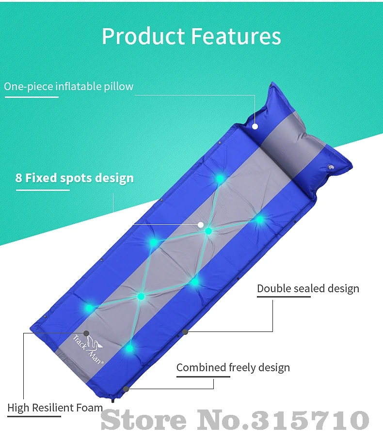 Trackman Одноместный наружный Самонадувающийся коврик для сна с подушкой для кемпинга, коврик для палатки, дорожный влагостойкий коврик, 3 цвета