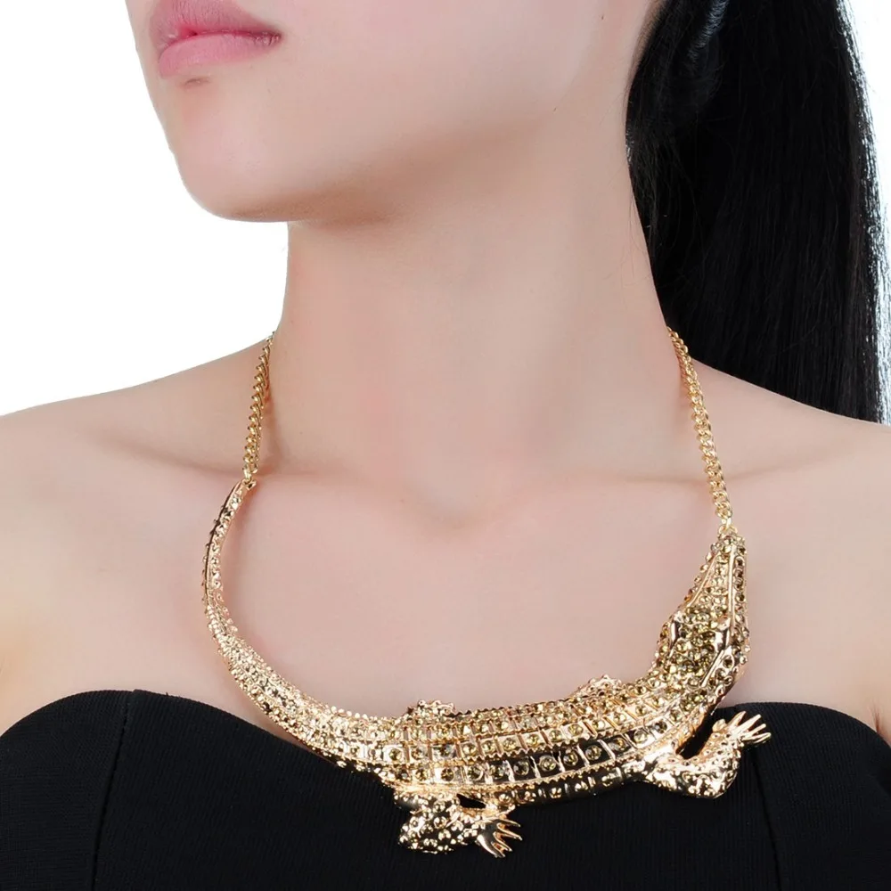 

Fashion Silver & Gold Color Crocodile Alligator Chain Collar Statement Pendant Bib Necklace