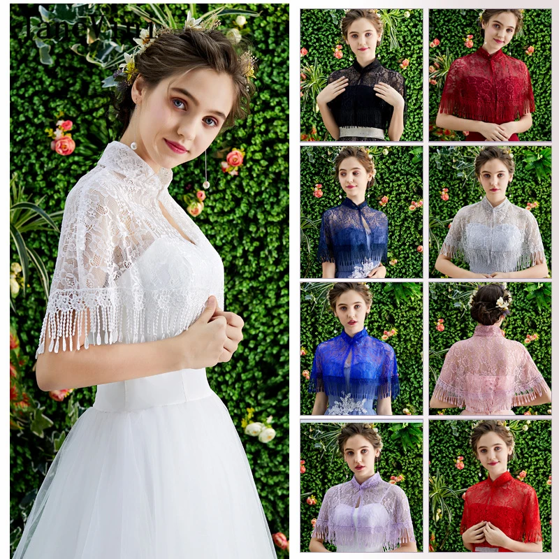 

JaneVini 2019 Summer Elegant Bridal Bolero Wedding Wraps Women Short Shawls Lace Tassel Evening Party Cape Cloak Brautjacke Lace