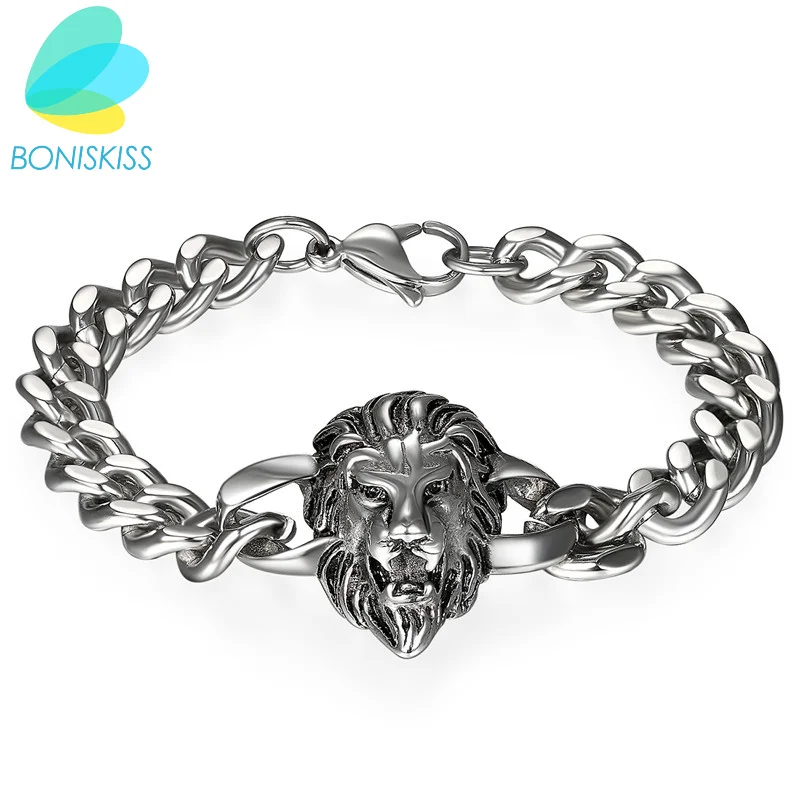 Boniskiss Punk Men'S Lion King Head Bracciale In Acciaio Inossidabile Biker Link Figaro Chain Bangle 8.66 "Per Regalo Di Gioielli Amuleto Maschile