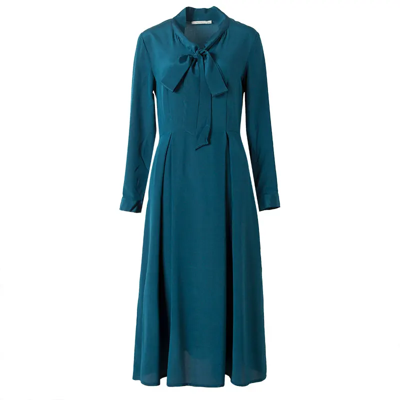 Женское шелковое платье, 23 мм, натуральный шелк, креп, воротник с бантом, длинные платья для женщин, тяжелый шелк,, весна, новое, офисное, женское платье винного цвета - Цвет: Blue
