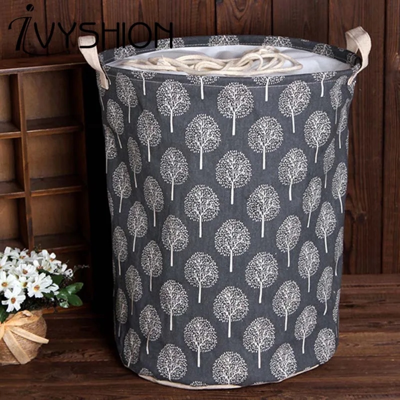 

IVYSHION Cotton Linen Leaf Printed Storage Bucket Waterproof Dustproof Storage Basket Toy Storage Dirty Laundry Basket 35cmx45cm