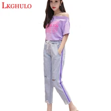 LKGHULO, новинка, модный бренд, женские синие хлопковые джинсы с дырками, свободная талия, ковбойские джинсы с 9 точками, женские брендовые джинсы, A752