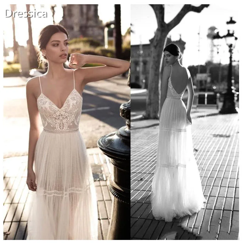 

A Line Boho Wedding Dress Dot Tulle Bohemian Style Bridal Gown with Spaghetti Strap Lace Appliqued