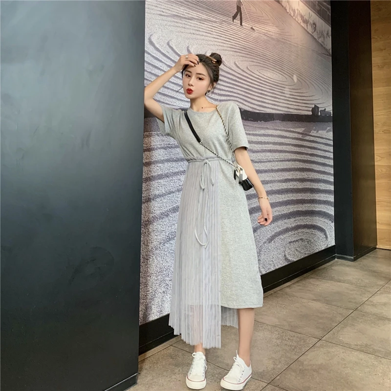 Платье женское элегантное с высокой талией однотонное в Корейском стиле Милая женская одежда Удобная с коротким рукавом простая модная одежда для отдыха