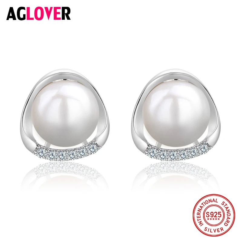 

100% 925 Sterling Silver Fashion Shiny Crystal Pearl Flower Ladies Stud Earrings Women Jewelry Female Gift Two Color