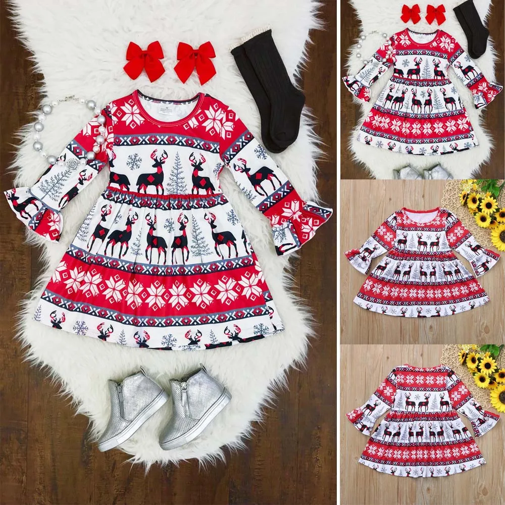 

Children Girls Dress 2018 Summer Newborn Toddler Infant Baby Girls Christmas XMAS Cartoon Deers Print Dresses Outfits #8