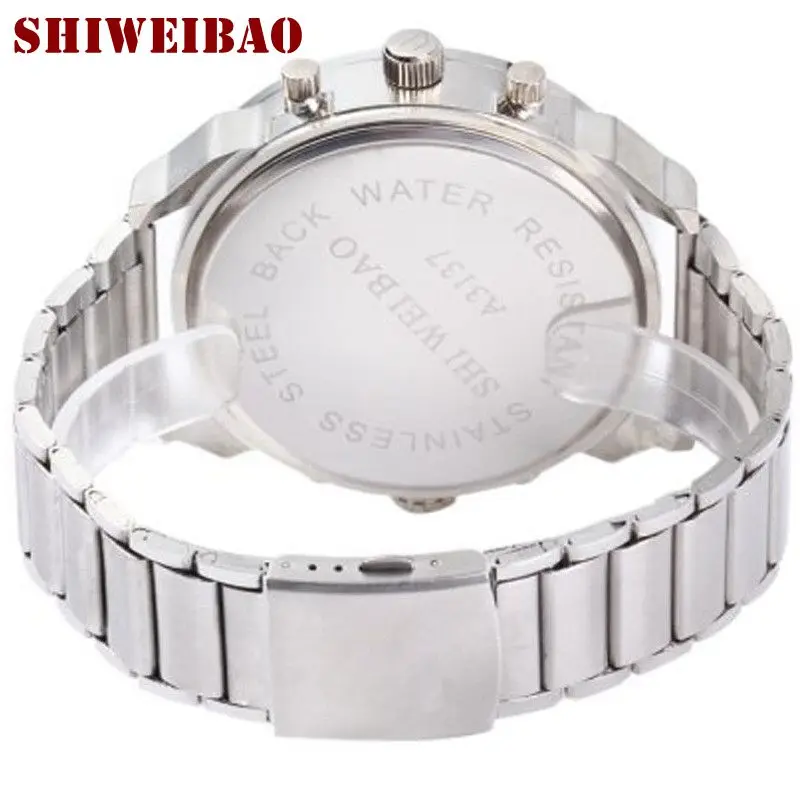 Роскошные мужские часы SHIWEIBAO, водонепроницаемые, с двойным циферблатом, кварцевые наручные часы с ремешком из нержавеющей стали, кварцевые наручные часы