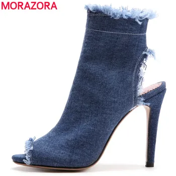 

MORAZORA 2018 New Women shoes denim women sandals peep toe stiletto high heels gladiator sandals sexy wedding shoes