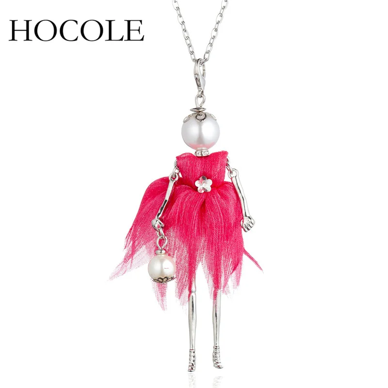 

HOCOLE 2018 French Girl Doll Necklaces Pendants White Pink Dress Handmade Long Necklaces For Women Fashion Jewelry Accessories