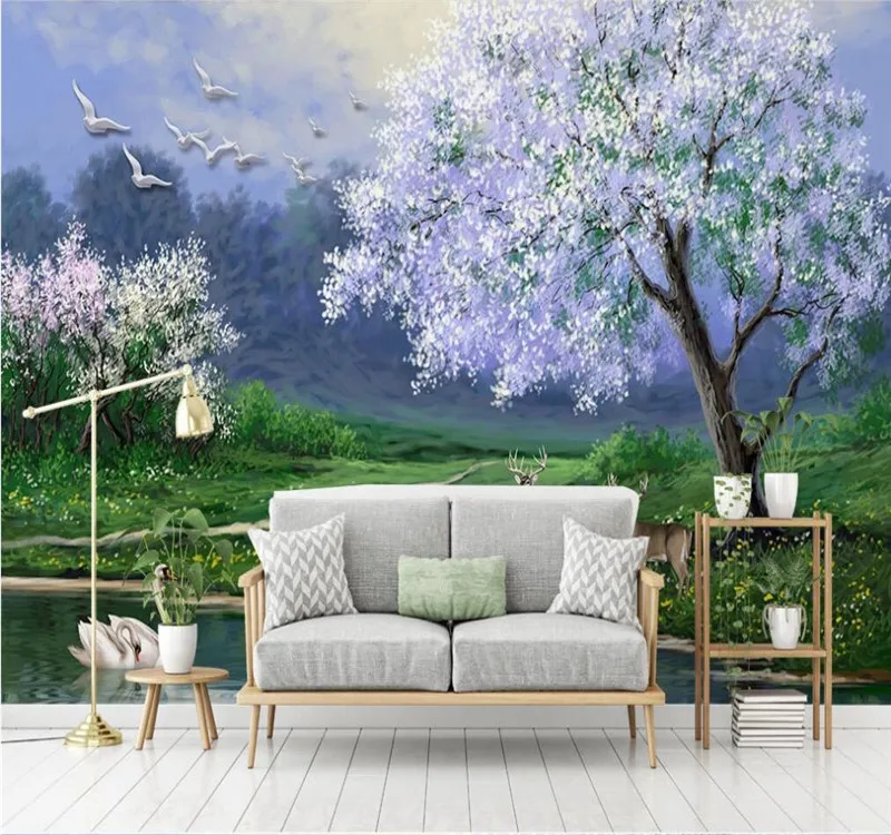 Customized wallpaper beautiful oil painting big tree elk swan TV background wall decoration waterproof material Customized wallpaper beautiful oil painting big tree elk swan TV background wall decoration waterproof material