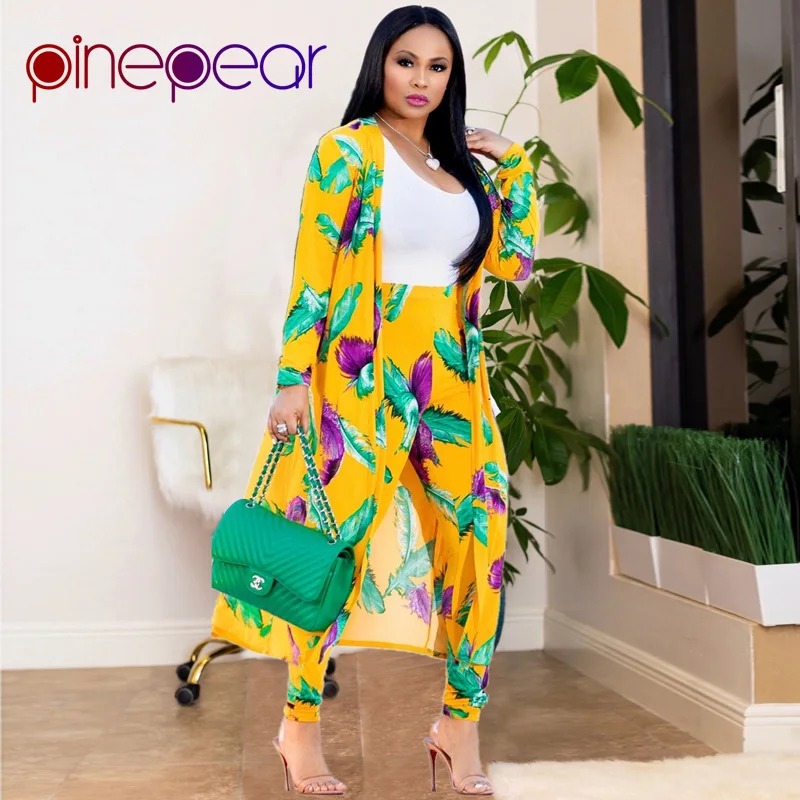 PinePear Fashion Women Leaf Print OL Pant Suits 2019 New Winter X-Long Coat Office Lady Business Formal Party 3 Three Piece Set