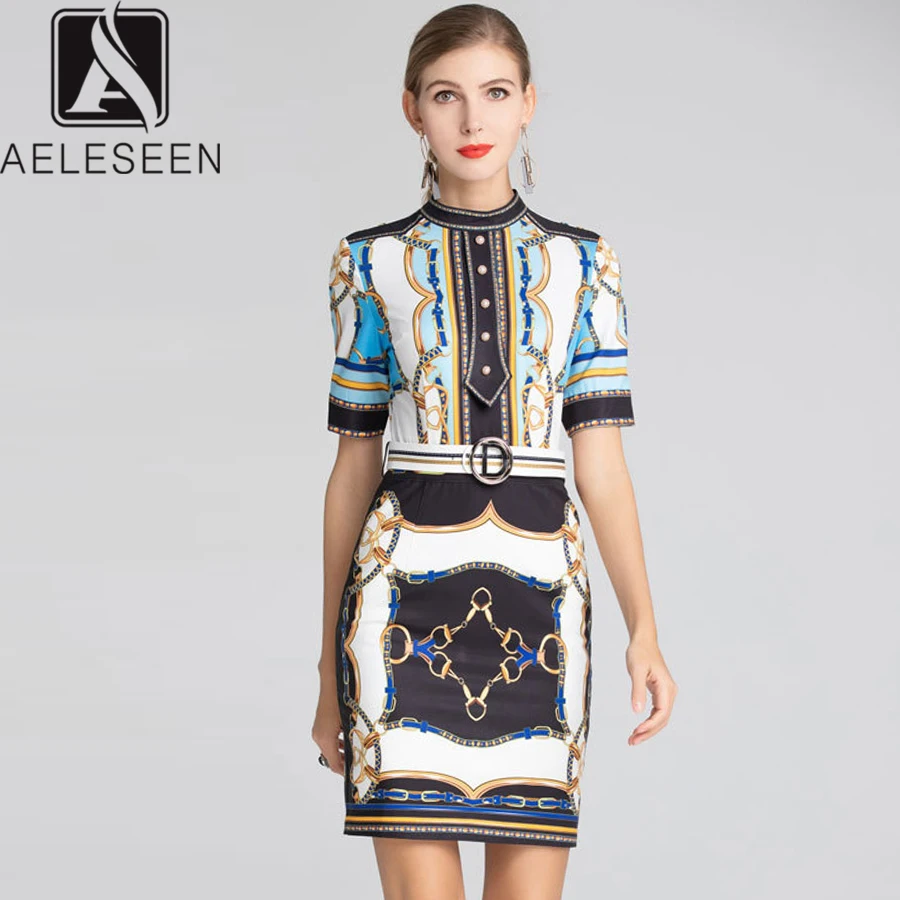 

AELESEEN Runway Office Dress 2019 Summer Luxury Women'S Short Sleeve Turn-Down Collar Chain Print Vintage Sleeve Mini Dress
