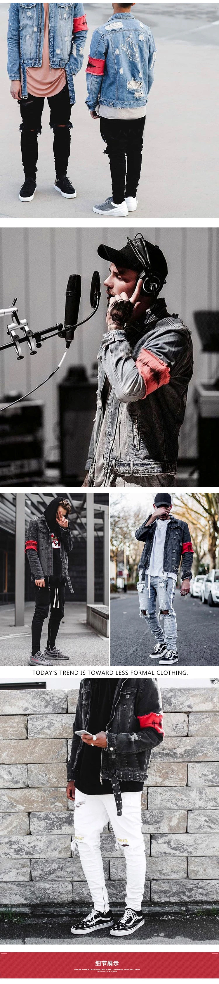 Hi-Street мужские рваные джинсы с лентой куртки вымытые потертые деним человек Джастин Бибер Slim Fit уличная хип-хоп винтажная куртка