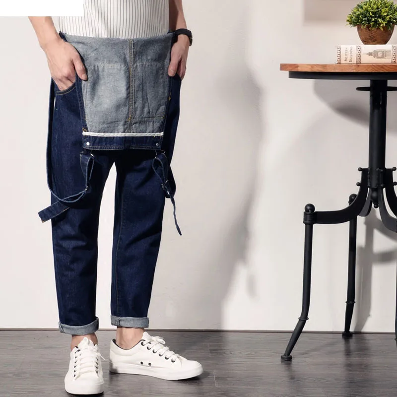 Новинка 2017 года Для мужчин S штаны с подтяжками Комбинезон Джинсы для женщин для Для мужчин мода Slim Fit Джинсовые комбинезоны Для мужчин синий