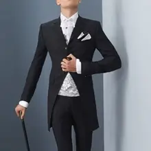 Итальянский стиль черный смокинг жениха длинный приталенный Блейзер на заказ Мужские свадебные костюмы Жених Невеста одежда(куртка+ брюки